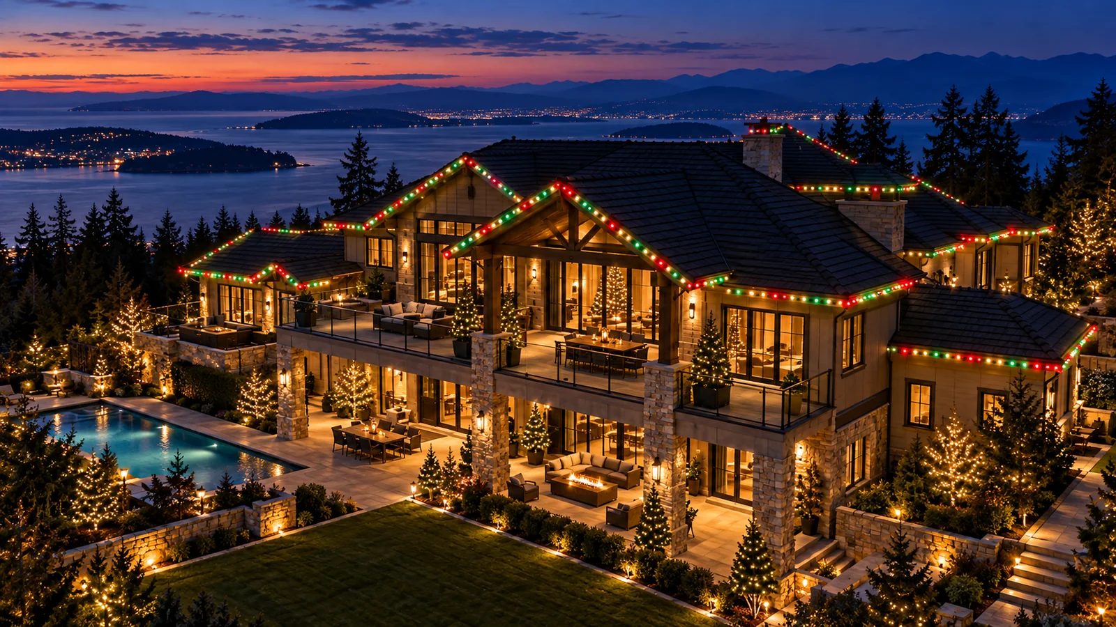 Illustrative estate or acreage home with Christmas roofline lighting