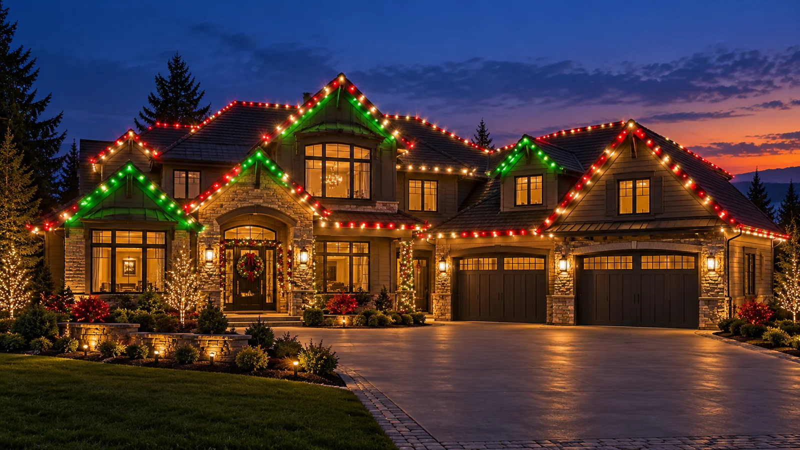 Illustrative large two-storey home with multiple illuminated rooflines