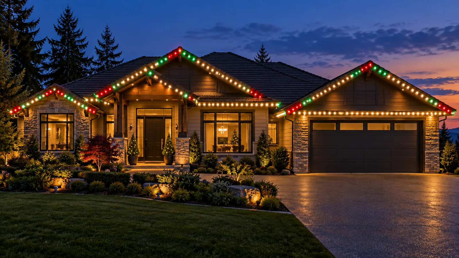 Illustrative bungalow with Christmas roofline lighting