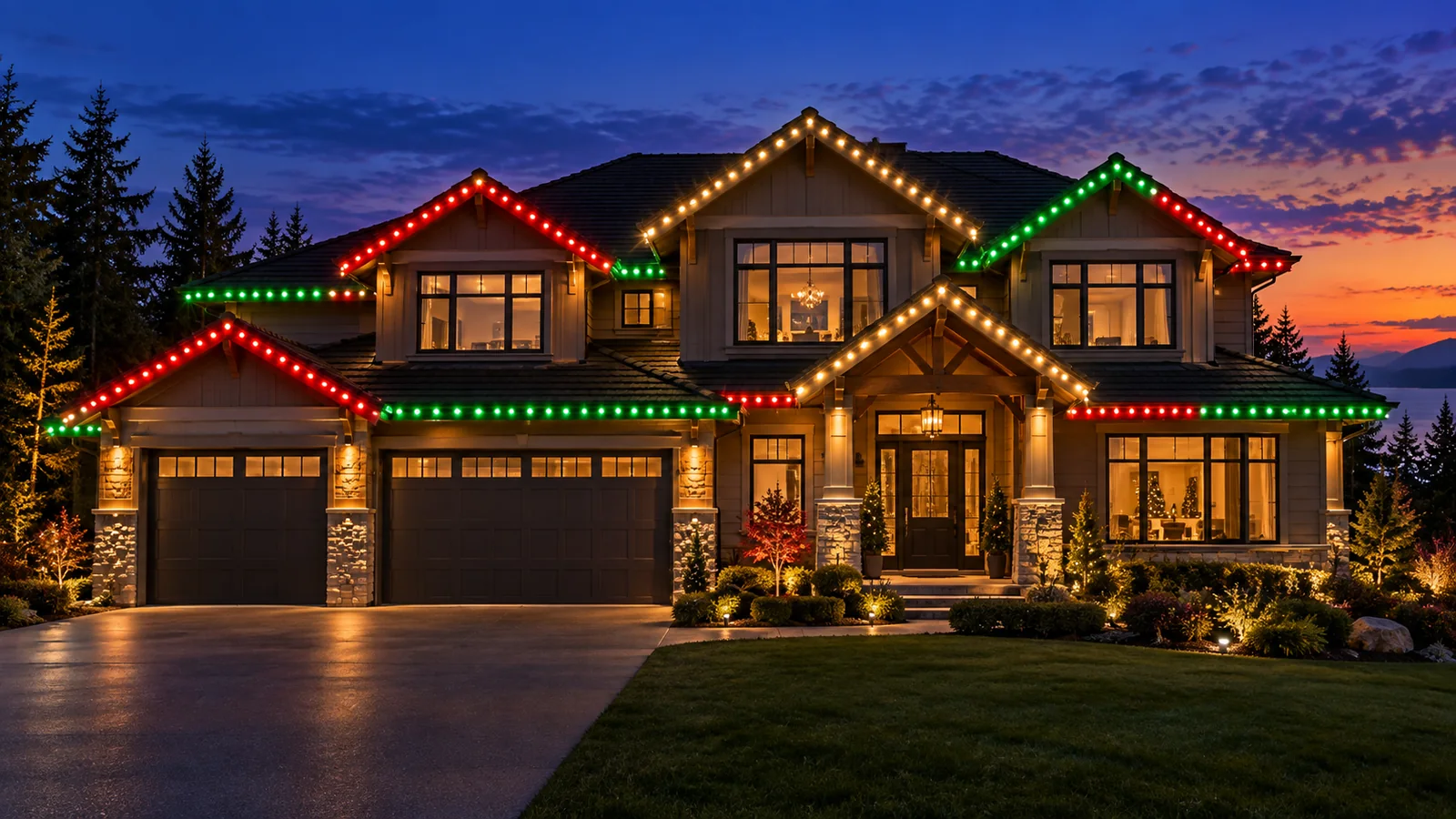 Illustrative two-storey home with Christmas roofline lighting