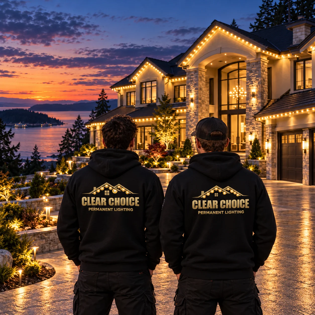 Clear Choice Lighting team members wearing the updated gold logo while overlooking a warm-white permanent lighting installation