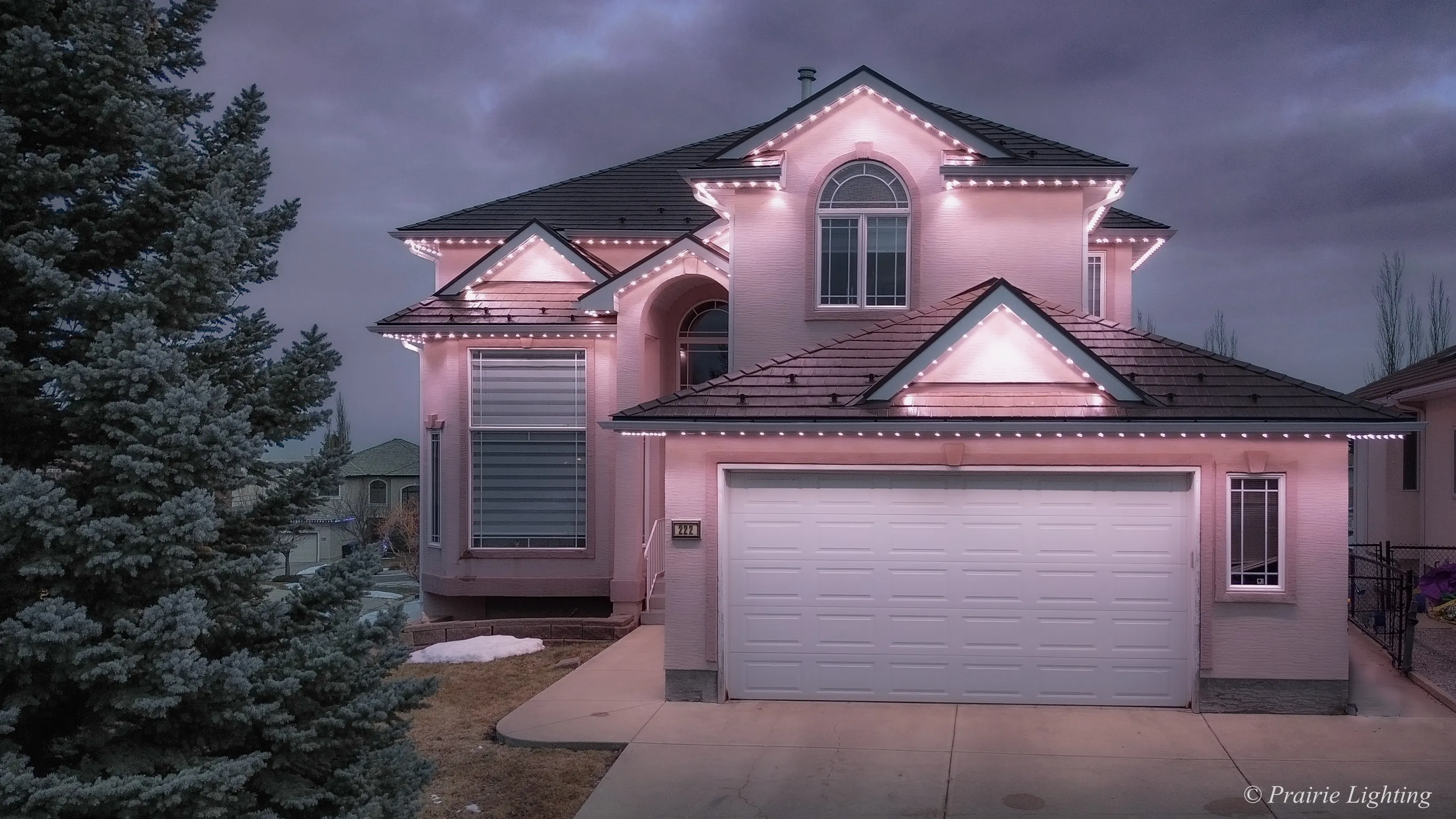 Canadian home illuminated with a complete Prairie Lighting permanent RGBWW lighting system
