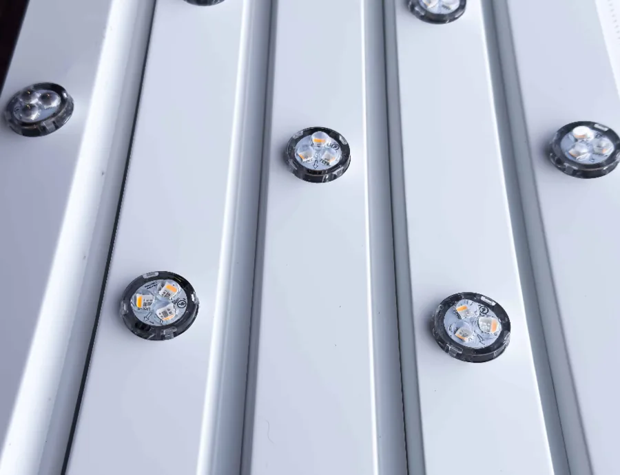 Prairie Lighting LED pixels mounted in colour-matched aluminum track