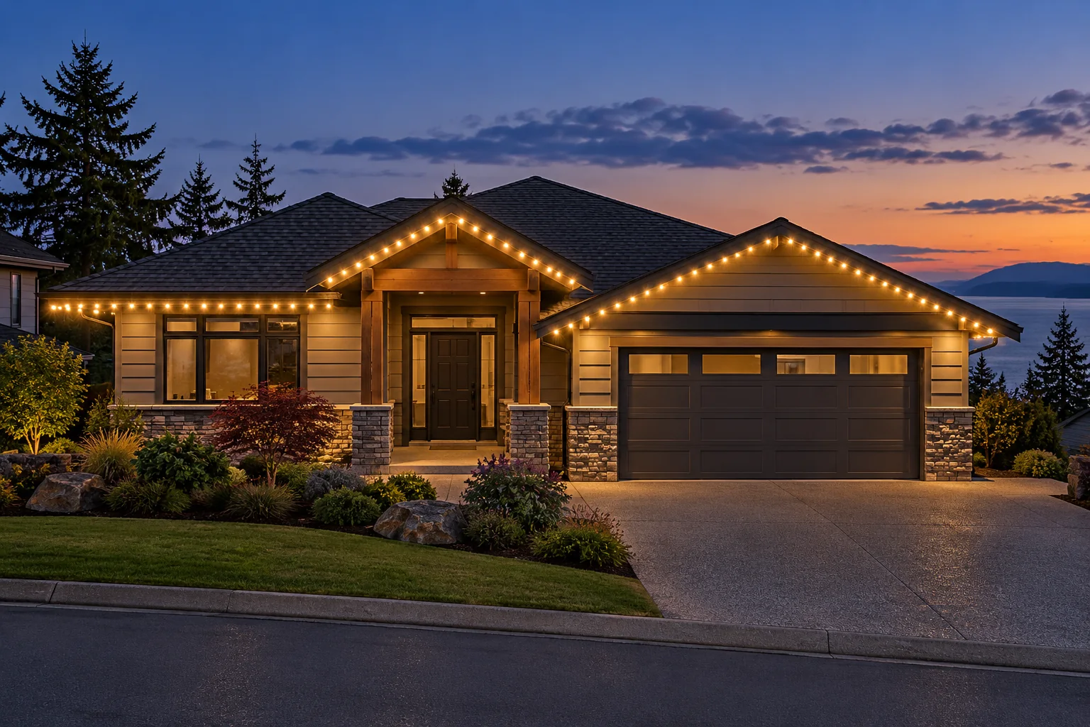 Concept illustration of a bungalow with front-only roofline lighting
