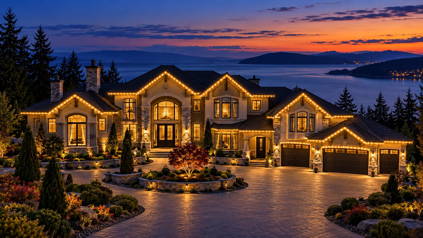 Concept illustration of an estate home with lighting across its front roofline