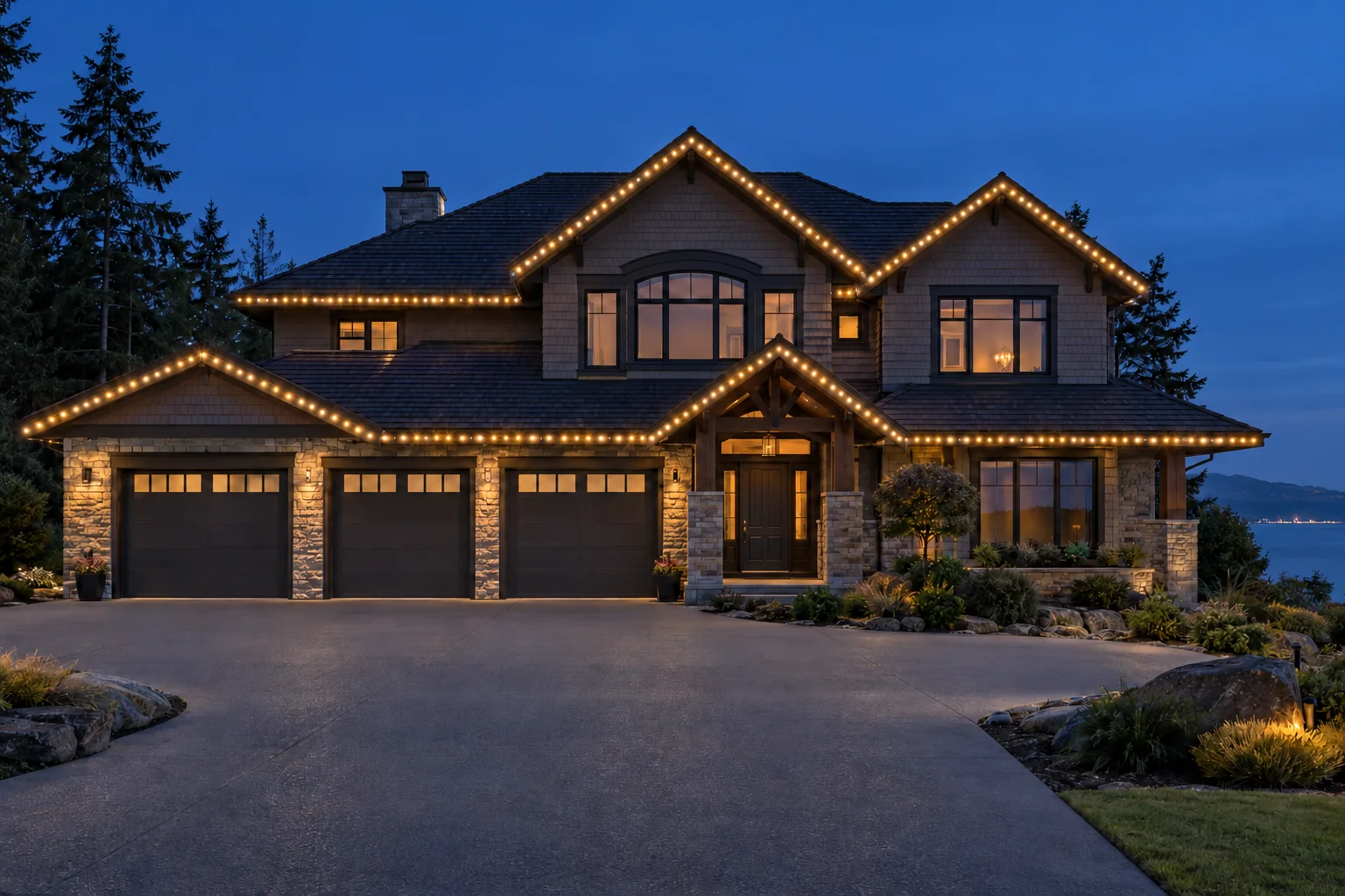 Concept illustration of a large two-storey home with front-only roofline lighting